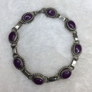 Vintage Sterling Silver purple agate bracelet 8”